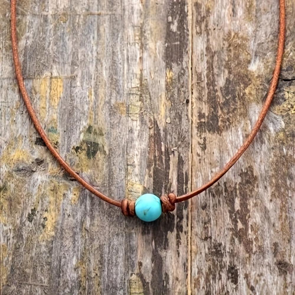 Bohemian Style Turquoise Bead Choker Necklace, Simple Vintage Retro Leather Cord Clavicle Chain