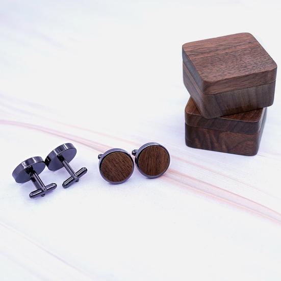 1 Pair Wooden Cufflinks with Storage Box Portable Magnetic Closure Men French Style