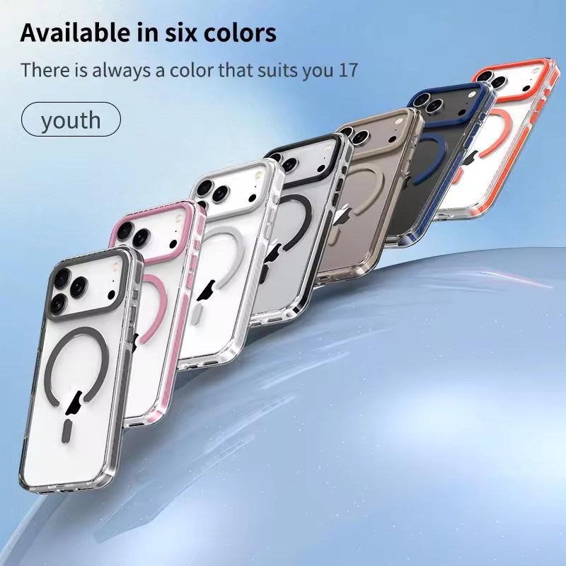 Luxury PE Striped Border Cover For Magsafe Magnetic Wireless Charge Clear Phone Case For iPhone 17 Air 16 E 15 14 13 12 17 Pro Max