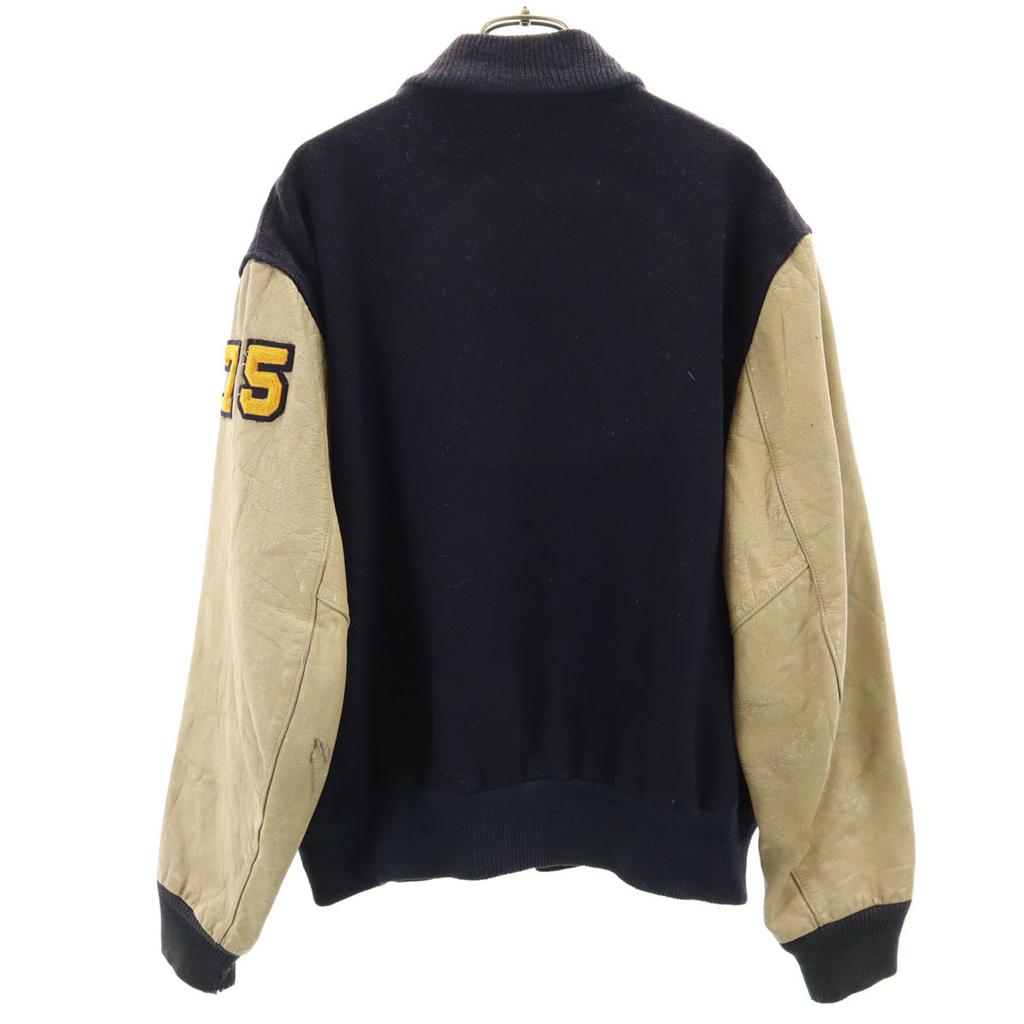 Vintage Куртка-бомбер 70-х годов с кожаными вставками и гербом, размер 44, темно-синяя, мужская, б/у