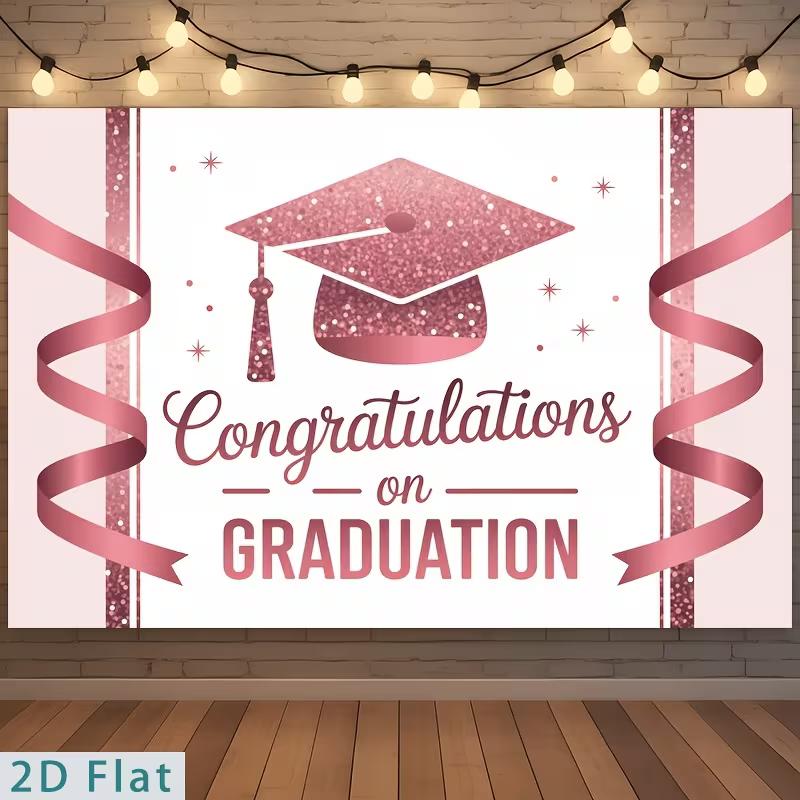2D Graduation Party Backdrop Rose Gold Cap & Ribbon Background Cloth
