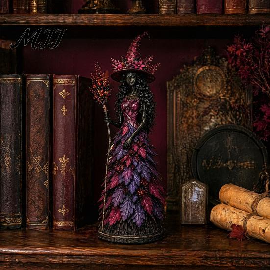Фигурка Хэллоуинской ведьмы, Осенняя фигурка, Осенняя настольная статуэтка с листом, Скульптура из смолы, Настольное украшение, Платье, Сезонное украшение для каминной полки