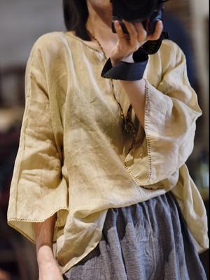 Женские однотонные футболки, винтажные футболки с семью рукавами Ramie высокого качества, летние свободные женские футболки