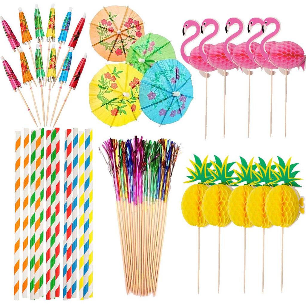 Hawaiian Party Set: 100PCS Colorful Paper Straws, Umbrella Picks, Fruit Picks, Honeycomb Pineapples, Flamingos, Firework Picks
