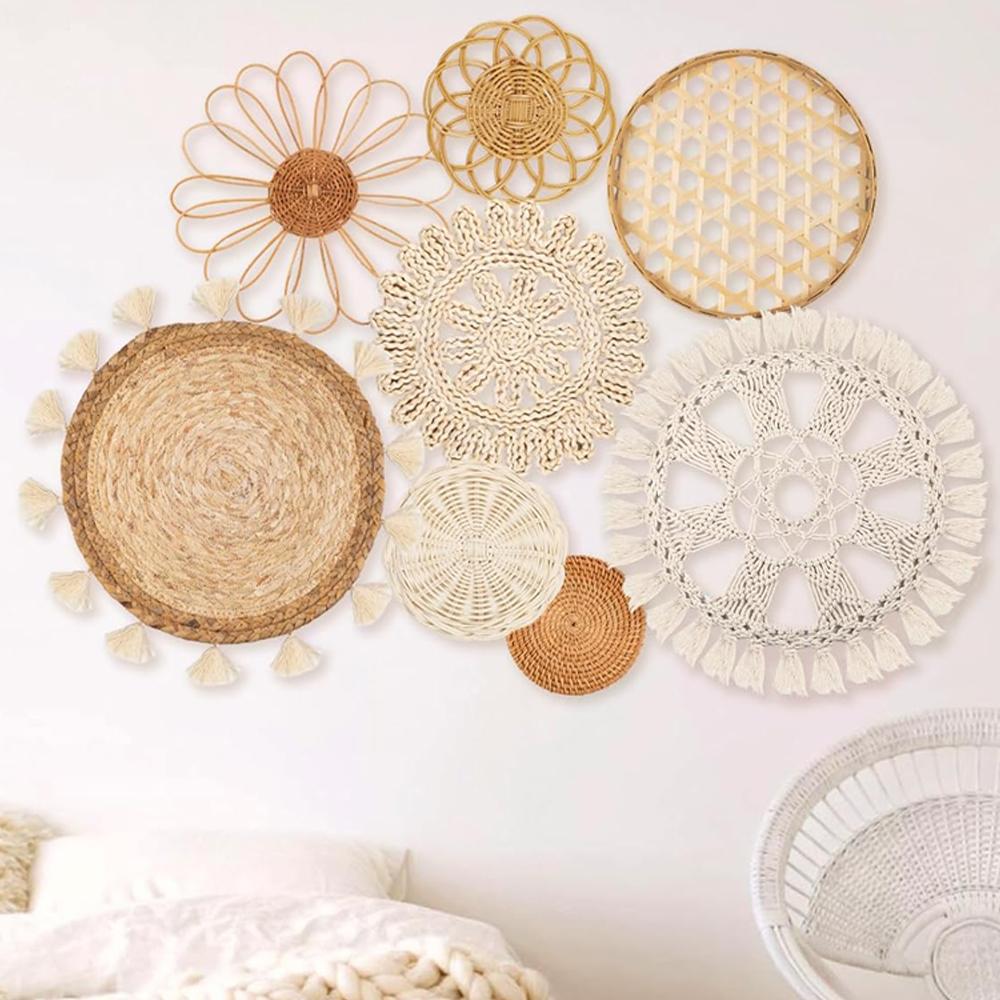 Декор для настенной корзины в стиле бохо, набор из 8 плоских плетеных корзин, настенное украшение, круглые кисточки, белый гобелен в стиле макраме, настенный декор, искусство ручной работы