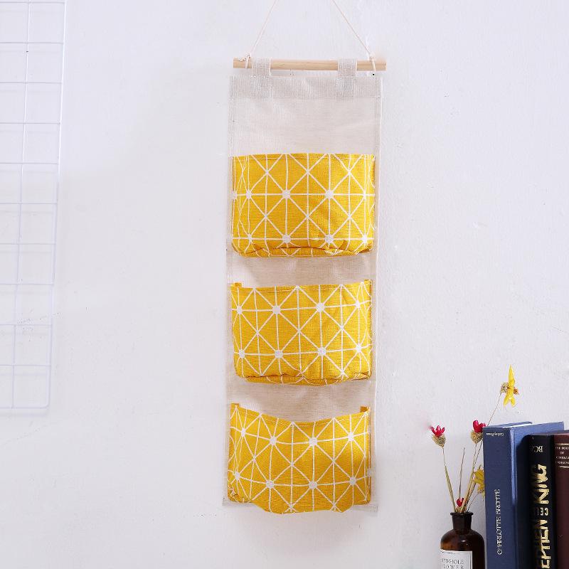 Three Pockets Hanging Wall Storage Bag Household Bedroom Living Room Kitchen Cotton Linen Storage Bag