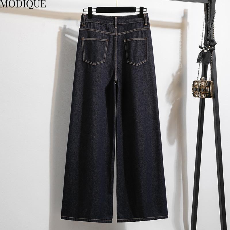 MODIQUE 2025 New Plus Size Summer Women's Loose Casual Straight Wide Leg Mopping Pants Ladies Elastic Solid Color Blue Denim Long Jeans