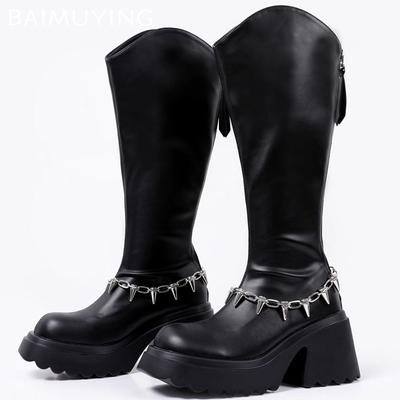 Женские высокие сапоги на массивной платформе, кожаные туфли на высоком каблуке, модная обувь 2025 года, дизайнерские туфли-лодочки до колена, зимние ботинки Mujer