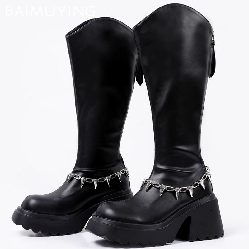 Женские высокие сапоги на массивной платформе, кожаные туфли на высоком каблуке, модная обувь 2025 года, дизайнерские туфли-лодочки до колена, зимние ботинки Mujer