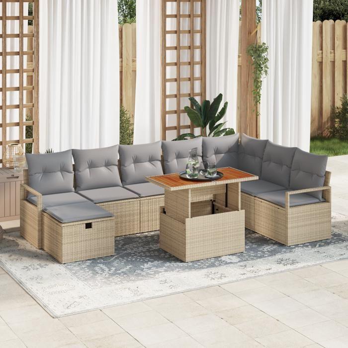 9-piece Garden Sofa Set with Beige Poly Rattan Cushions, 2-seater Garden Sofa with Poly Cushions 3360011