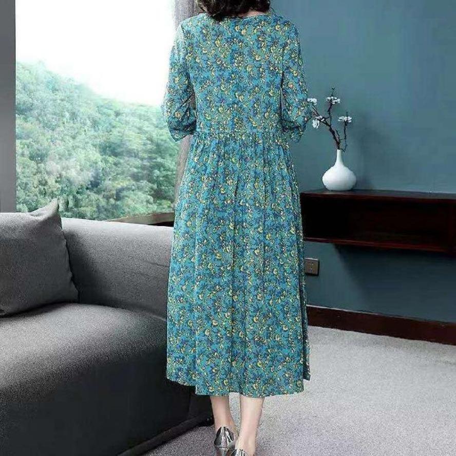 Women's Fashion Summer Spring Flower Pattern Print 1/2 Sleeves O-Neck Loose Waistline Casual Dresses