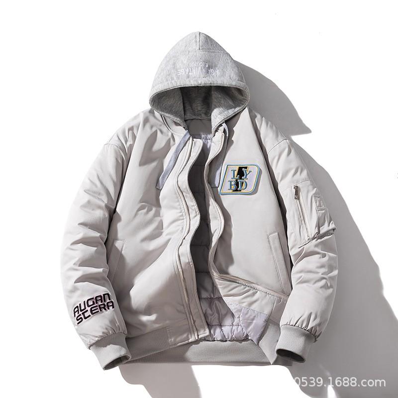 Mens Winter Thickened Bomber Jacket With Embroidery Patch Loose Fit Casual Outerwear Teens Adults