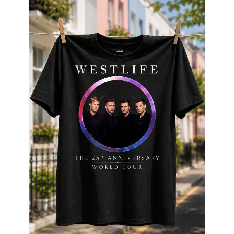Мужская футболка Westlife 25-й Юбилейный Мировой Тур - Официальный и Иконический Принт, Свободный Покрой, Круглый Вырез, Повседневная Рубашка, Подходит для Фанатов Музыки, Подарок для