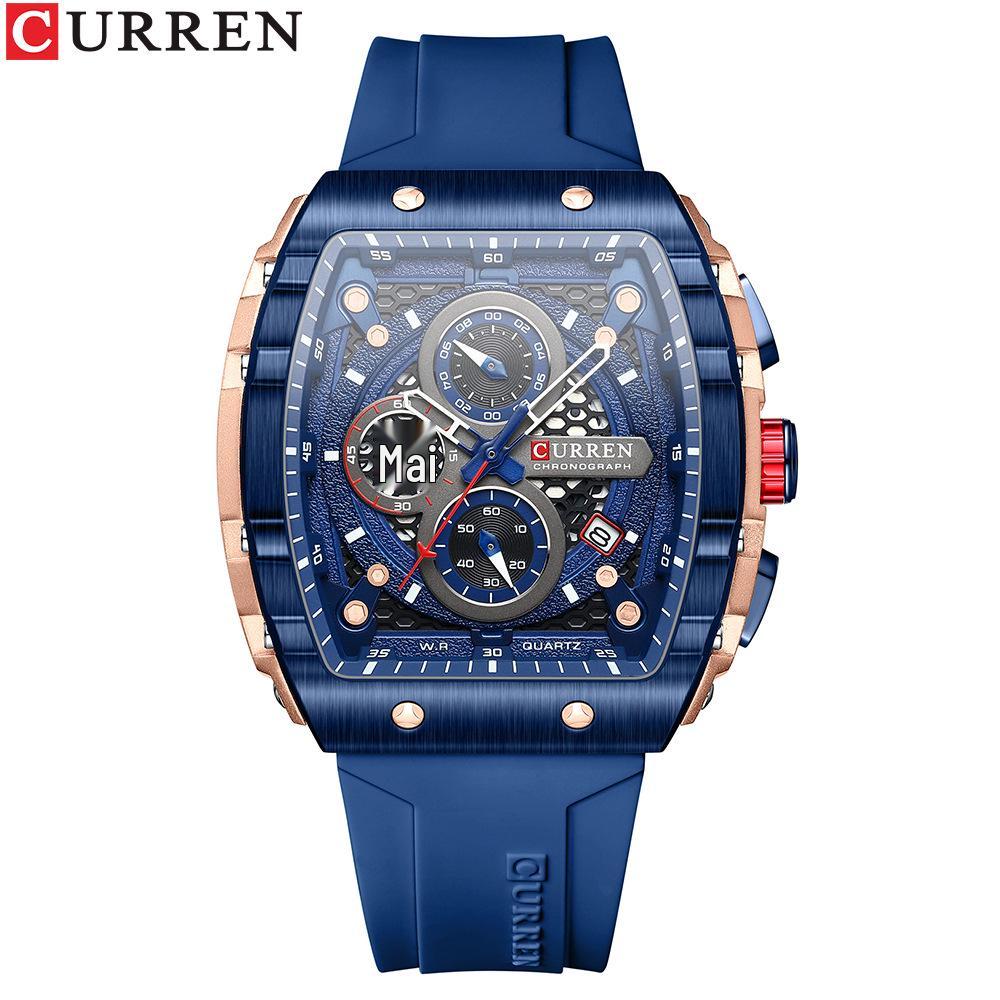 CURREN 8442 Мужские многофункциональные водонепроницаемые кварцевые часы с календарем и резиновым ремешком