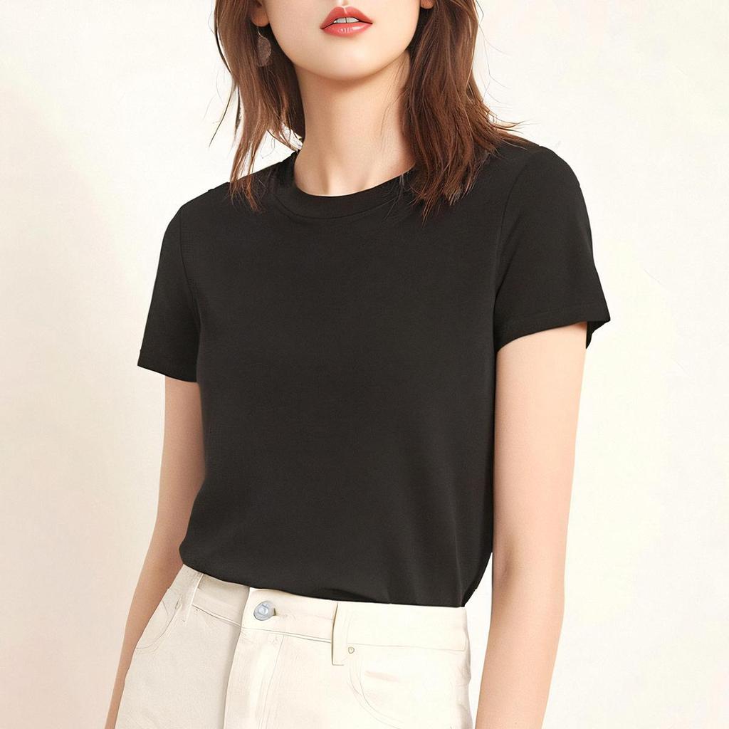 «Высококачественная европейская футболка Tencel Wool Slim Fit с коротким рукавом для женщин — новая летняя мода, круглый вырез, стиль класса люкс»