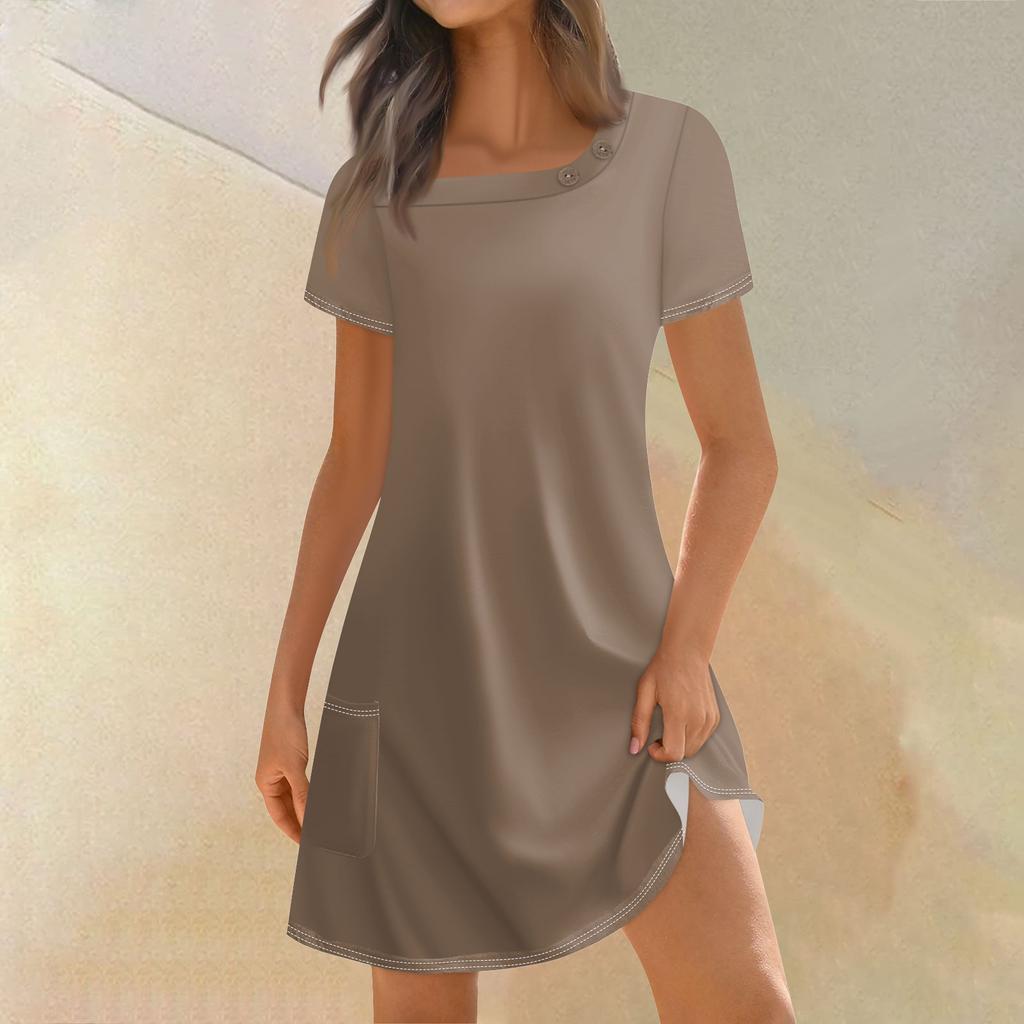 Женская мода, летние платья с квадратным вырезом и коротким рукавом, повседневные свободные однотонные платья с карманами и пуговицами
