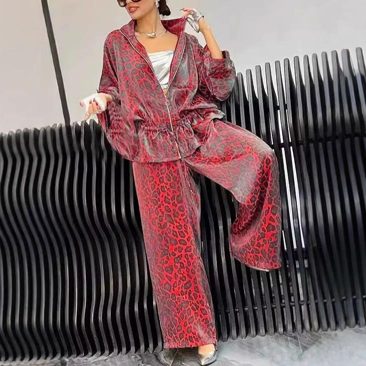 Женский повседневный комплект с леопардовым принтом, отложным воротником и кулиской на талии