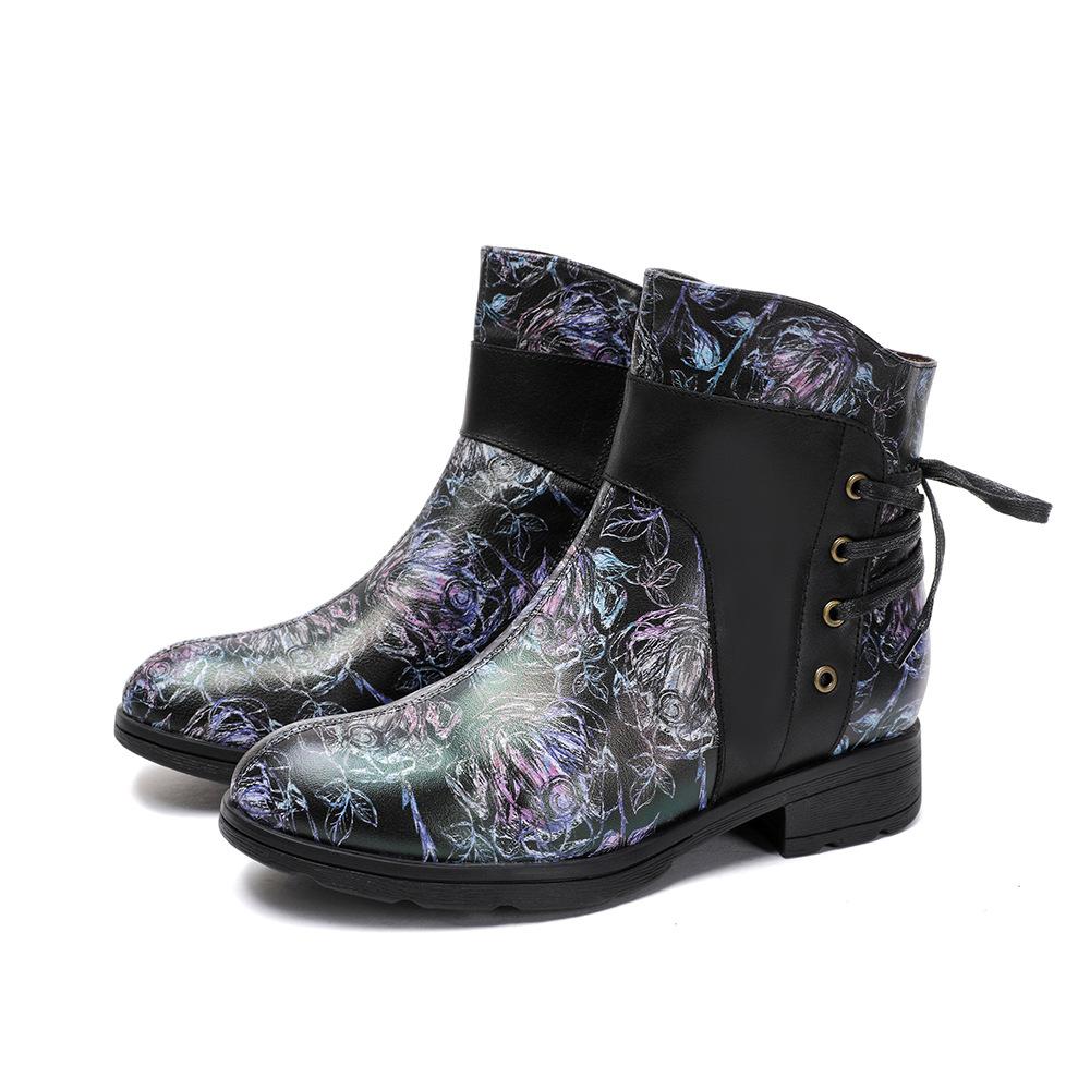 Johnature Genuine Leather Patchwork Printed Ankle Boots Women Shoes Ethnic Style Handmade Round Toe Short Boots