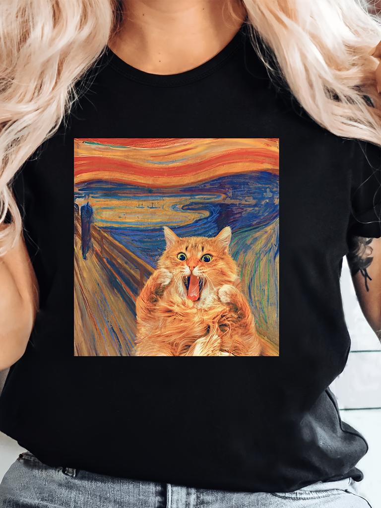 Vintage Scared Cat Print T-shirt Classic Casual Short Sleeve Crew Neck Cotton for Spring Summer