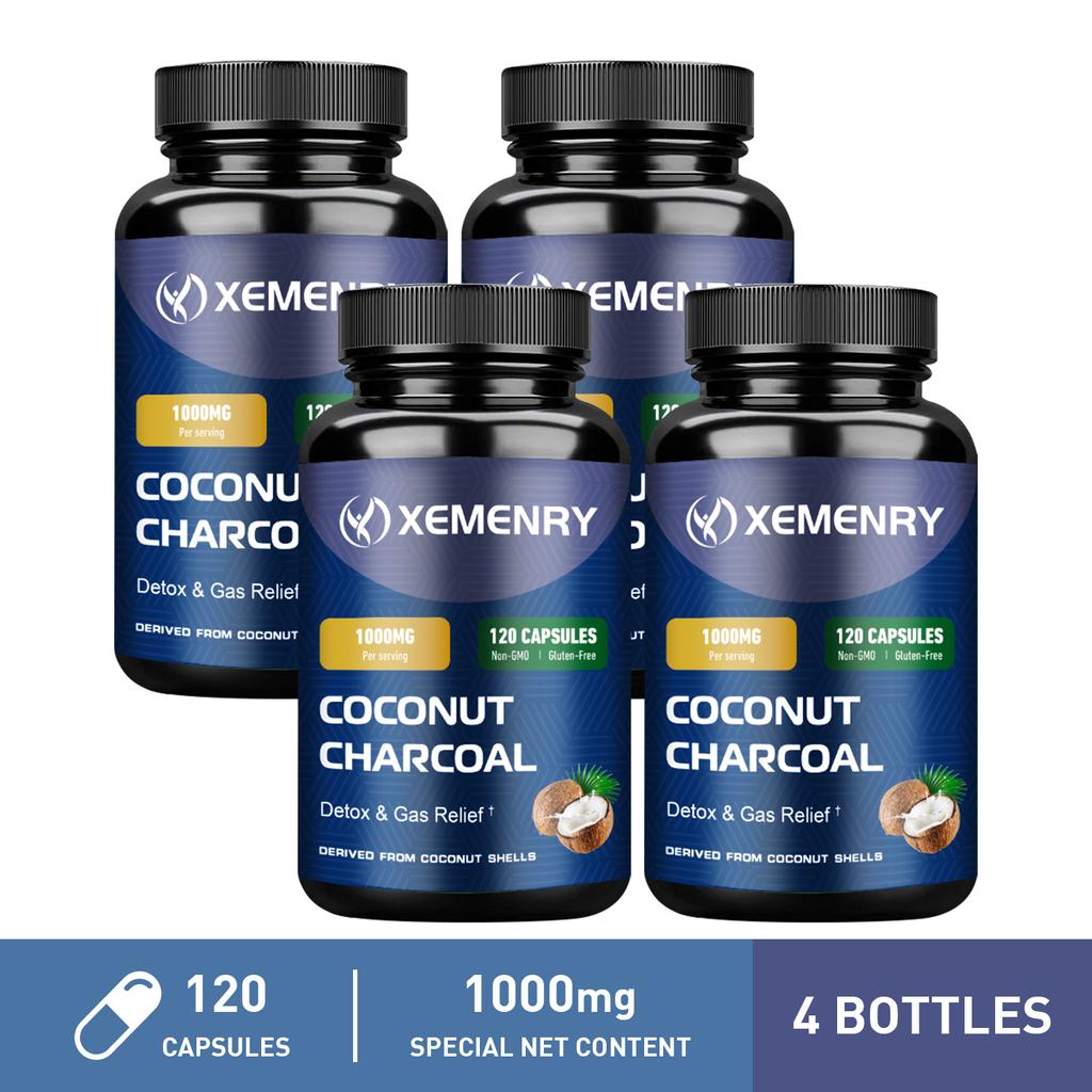 Coconut charcoal capsules, 1000 mg per serving, high content of natural coconut charcoal extract.