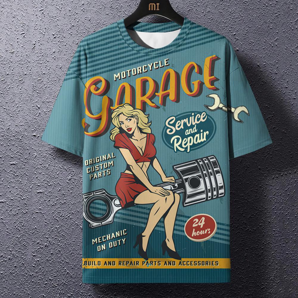 Retro Men's T Shirt Motorcycle Print Summer Street T-Shirts Round Neck Pullover Men Top Loose Casual Male Oversized Clothing