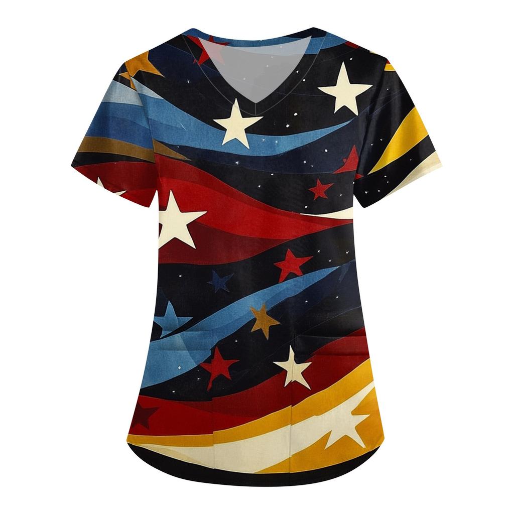 Women's Fashion V-neck Short-sleeved Work Dress With Pockets Independence Day Printed Top Carer Suit