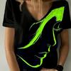 Figure Print V Neck T-Shirt, Casual Short Sleeve Top For Spring & Summer, Women's Clothing