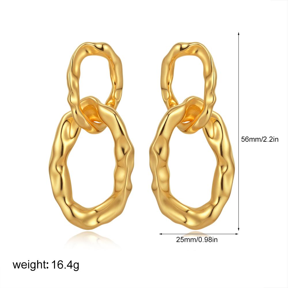 Vintage Gold Color Double Circle Dangle Earrings Waterproof Link-shape Lava Textured Huggie Large Ear Stud Statement Zircon
