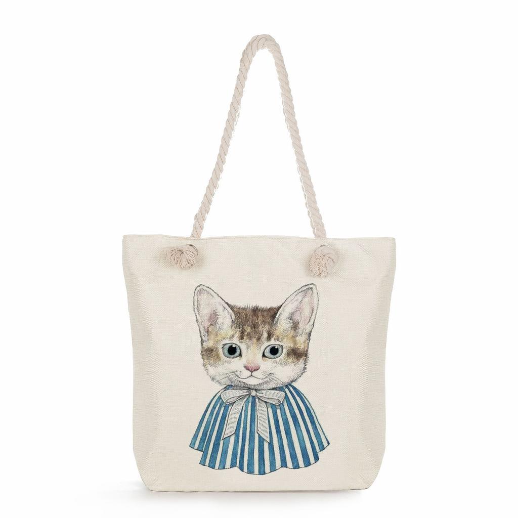 Cat print thick rope single-shoulder beach bag 7215 KTB