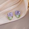 Female French-style square pearl earrings - Retro style green oil painting ear studs