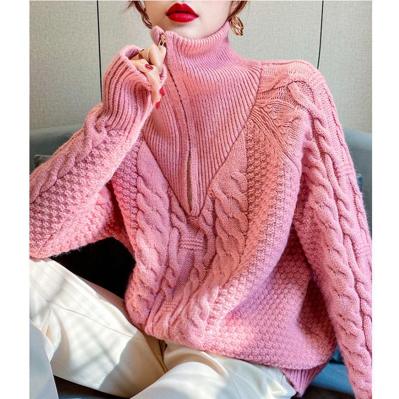 Winter Zipper Thickened Turtleneck Sweater Women Wear Loose Korean Slouchy Fashion Versatile Knitwear