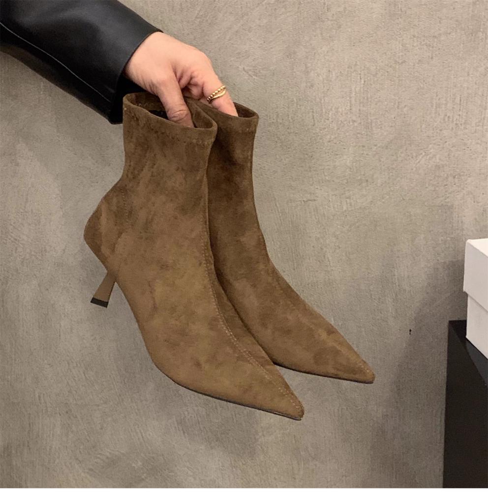 Женские короткие ботильоны на высоком каблуке с острым носом из коричневой замши 2026 года, новые осенне-зимние, французские замшевые ботильоны на щиколотку