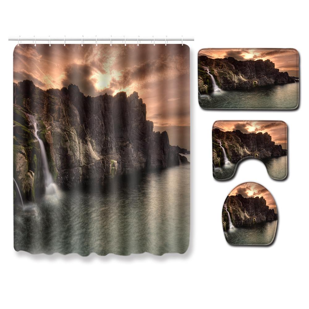 Landscape Shower Curtain Floor Mat Combination Four-Piece Set Bathroom Toilet Carpet Shower Room Mat Foot Mat