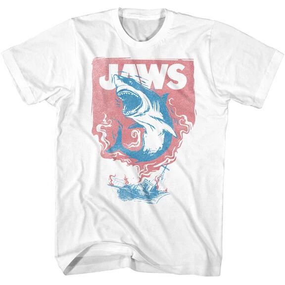 Jaws 70's Thriller Movie Great White Shark & Boat Fire Men's T Shirt