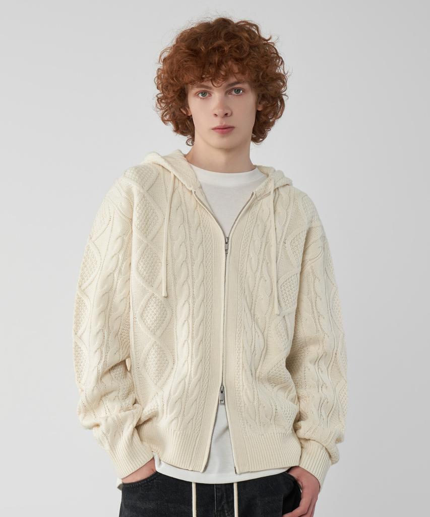 UNTAPPED STUDIO Oversized 2-Way Aran Cable Knit Zip-Up Hoodie 5 Colors