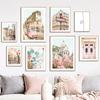 Nordic Posters And Prints Paris Small Town Pink Flower Car Umbrella Wall Art Canvas Painting Wall Pictures For Living Room Decor