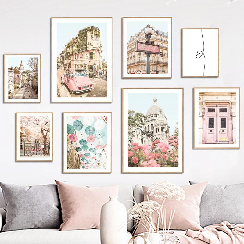Nordic Posters And Prints Paris Small Town Pink Flower Car Umbrella Wall Art Canvas Painting Wall Pictures For Living Room Decor