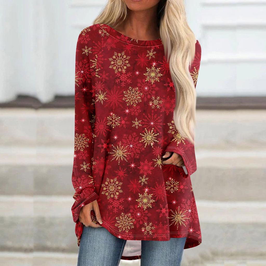 Women's Fashionable Loose Mid-length Round Neck Pullover Christmas Printed Raglan Sleeves Long-sleeved Casual Top