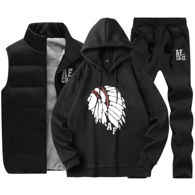 Зимний толстый теплый спортивный костюм для мужского комплекта с принтом, комплект из 3 предметов, повседневный мужской спортивный костюм, одежда