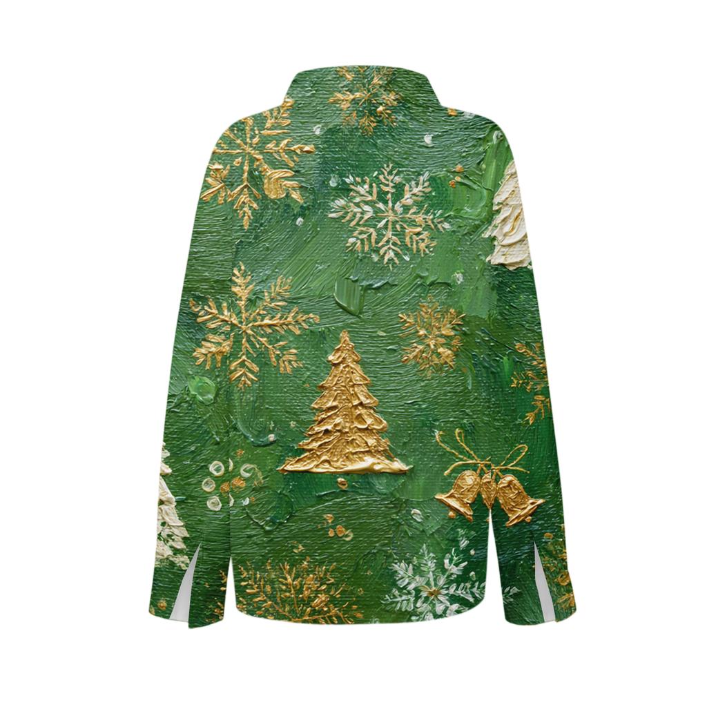 Women's Christmas Printed Button Up Long Sleeved Casual Regular Shirt With Collar Top