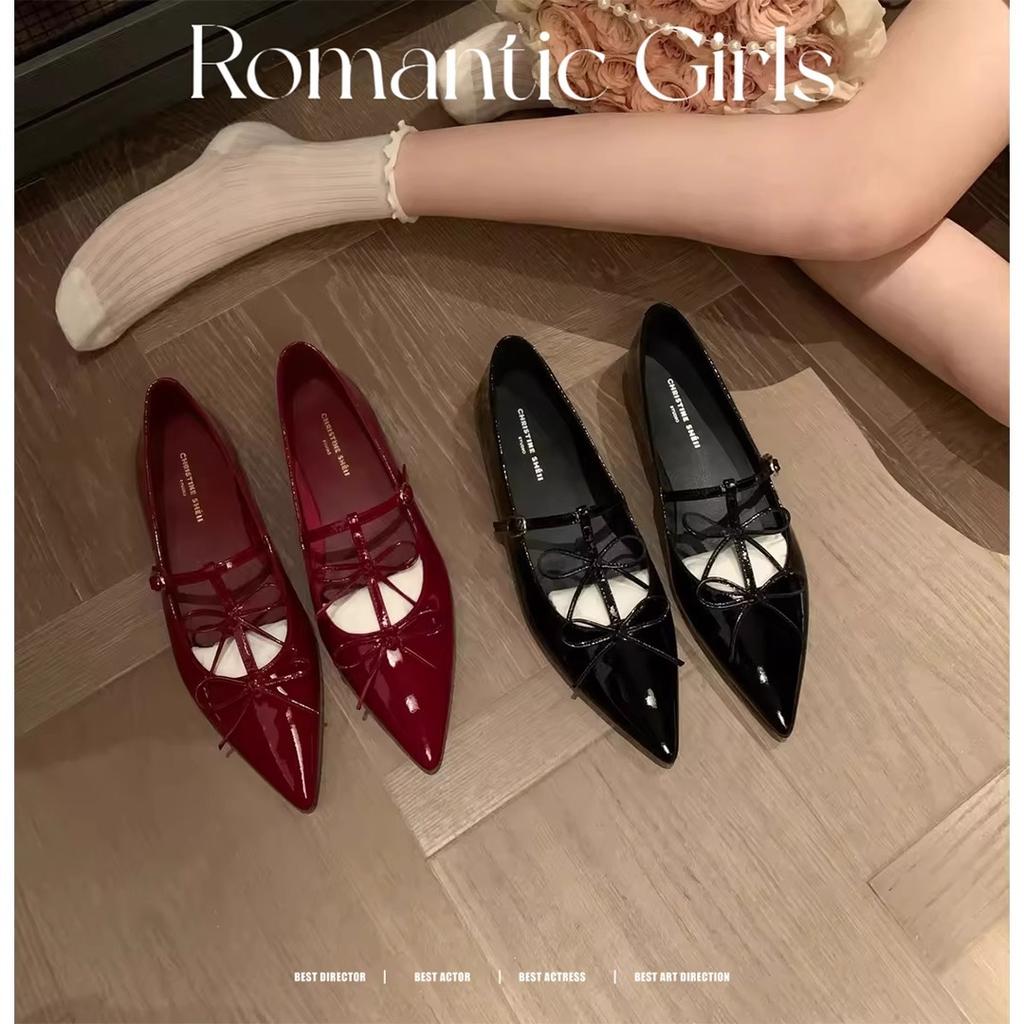 Hepburn Dinner Party~ Pointed Bow Light Mouth Flat Bottom Mary Jane Single Shoes Women's Banquet Shoes