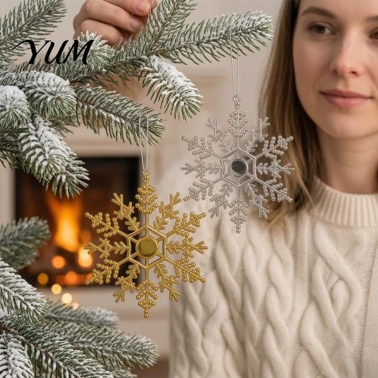 Gold Silver Red Christmas Tree Baubles 3Pcs Snowflakes Ornaments, 10cm Glitter Hanging Plastic Snowflake Glossy Electroplated Ornaments Decorations