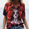 Vintage Skull Face Women's T Shirt Tops V Neck Casual Cotton Short Sleeve Pullover Summer Female Harajuku Punk Streetwear