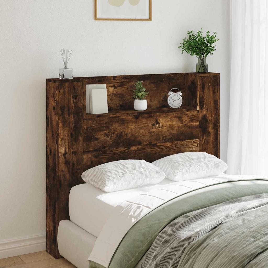 Storage Headboard with LED Lighting Smoked Oak Wood Based Material