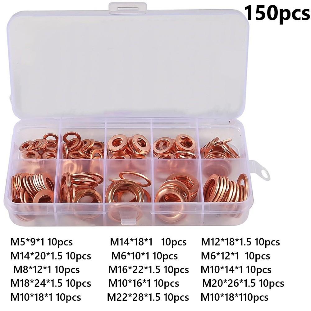 Медная шайба Плоское кольцо Уплотнительная прокладка Набор с разными размерами в пластиковой коробке для хранения