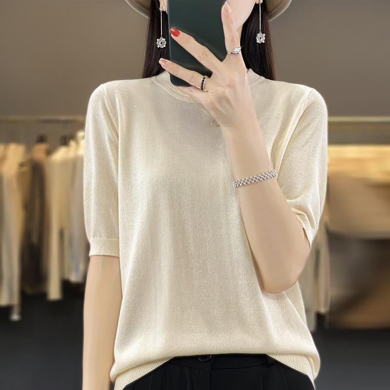 INDFS Women's Fashion Casual Summer Spring Solid Color Print Short Sleeve O-Neck Blouses & Shirts