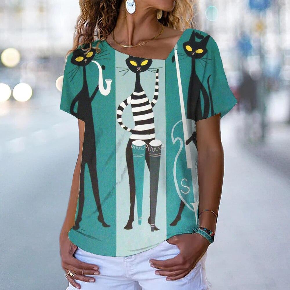 Винтажная футболка с котенком, женская футболка с рисунком кота в стиле аниме, блузка с v-образным вырезом, летняя одежда большого размера с коротким рукавом, женская одежда в стиле Харадзюку, повседневная уличная одежда