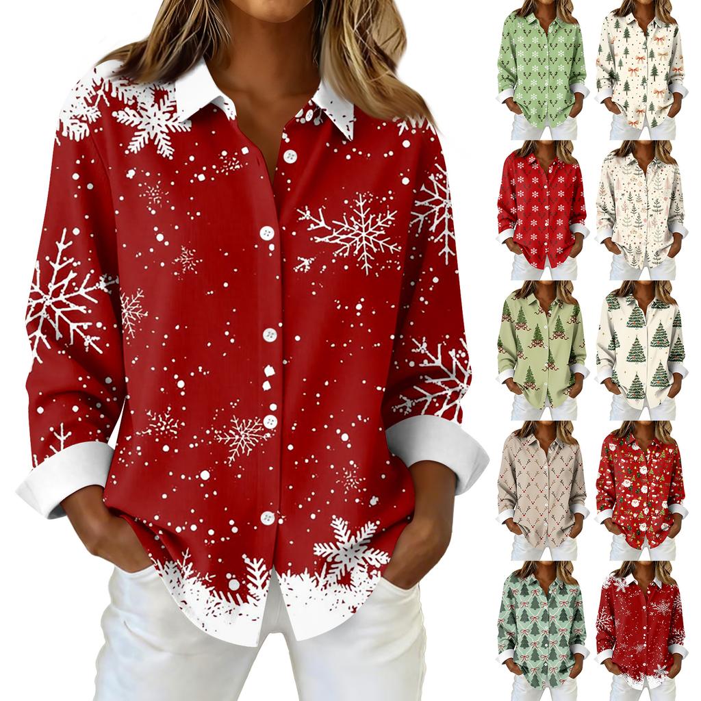 Women's Shirt Blouse Christmas Print Button Long Sleeve Casual Basic Shirt Collar Regular Top