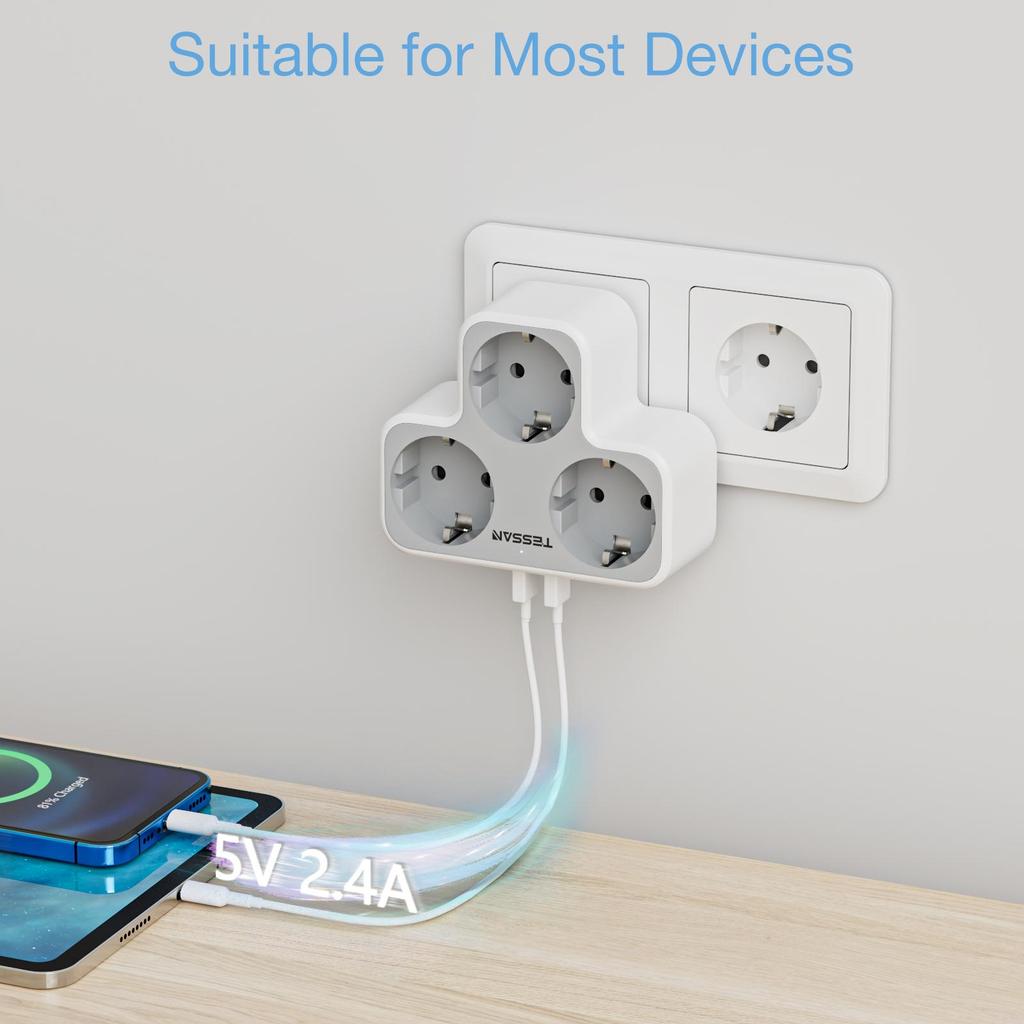 Tessan Multi Outlets Power Strip with 3 AC Outlets 2 USB Ports EU KR Plug Multiple Wall Socket Adapter with Overload Protection