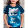 Children's Cartoon Kitten Printed Colorful Round Neck T-shirt for Girls, Fashionable Soft Comfortable T-shirt